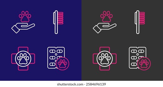 Set line Dog pill, Veterinary clinic, Pets vial medical and Hands with animals footprint icon. Vector