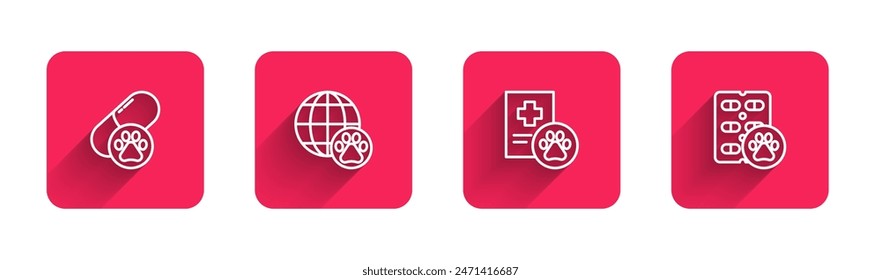 Set line Dog pill, World pet, Clinical record and  with long shadow. Red square button. Vector