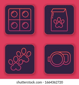 Set line Dog and pills, Paw print, Bag of food for pet and Retractable cord leash. Blue square button. Vector