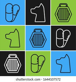 Set line Dog and pills, Pet carry case and Cat icon. Vector