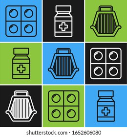 Set line Dog and pills, Pet carry case and Dog medicine bottle and pills icon. Vector