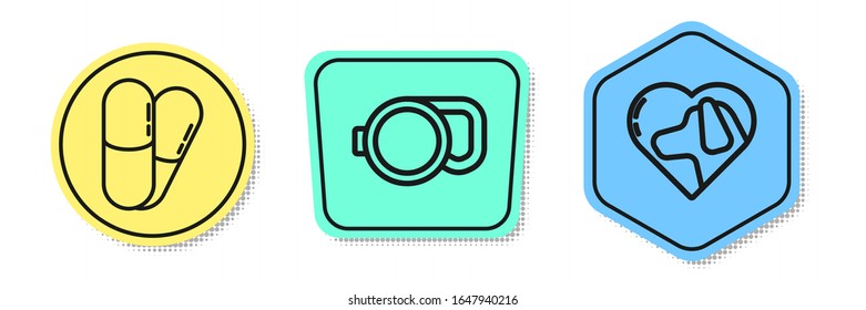 Set line Dog and pills, Retractable cord leash and Heart with dog. Colored shapes. Vector