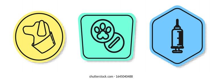 Set line Dog, Dog and pills and Syringe with pet vaccine. Colored shapes. Vector