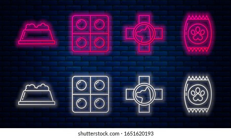 Set Linie Hunde und Pillen, Veterinary Clinic Symbol, Pet Food Schüssel und Beutel von Nahrung für Heimtiere. Leuchtendes Neonsymbol an der Ziegelwand. Vektorillustration