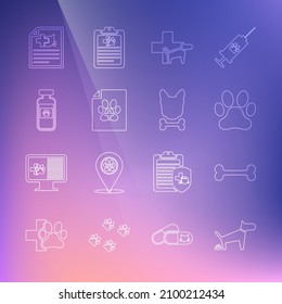 Set line Dog pooping, bone, Paw print, Veterinary clinic, Medical certificate for dog or cat, Pets vial medical,  and and icon. Vector
