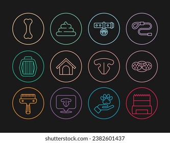 Set line Dog shit in bag, Cat nose, Collar with name tag, house, Pet carry case, bone,  and Shit icon. Vector