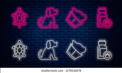 Set line Dog, Veterinary clinic symbol, Turtle and Dog medicine bottle. Glowing neon icon on brick wall. Vector