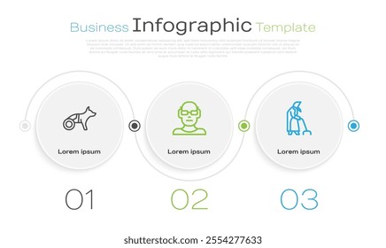 Set line Dog in wheelchair, Poor eyesight and Grandmother. Business infographic template. Vector