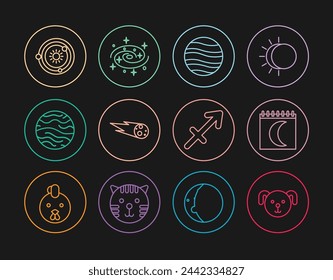 Set line Dog zodiac, Moon phases calendar, Planet Jupiter, Comet falling down fast, Venus, Solar system, Sagittarius and Milky way spiral galaxy icon. Vector