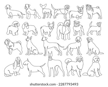 Set of line dogs. Collection of funny puppy portrait. Lovely animal. Dog lover. Vector illustration of pedigreed pet. Veterinary icons. Logo of the dog. 