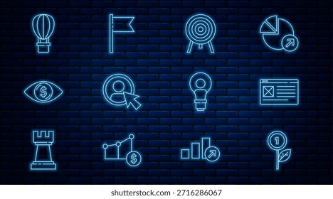 Set line Dollar planta, ventana del navegador, objetivo, pantalla de Cuenta de Create, ojo con dólar, globo de aire caliente, bombilla de la lámpara principal e ícono de marcador de Locación. Vector