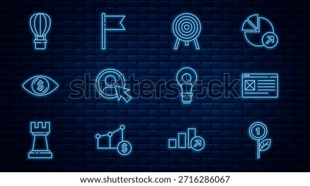 Set line Dollar plant, Browser window, Target, Create account screen, Eye with dollar, Hot air balloon, Head lamp bulb and Location marker icon. Vector