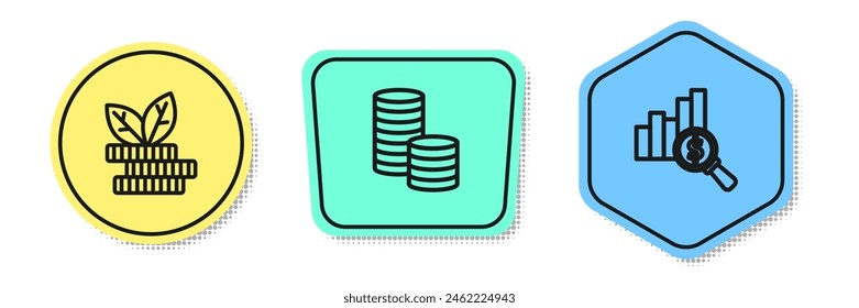 Set line Dollar plant, Coin money with dollar and Pie chart and. Colored shapes. Vector