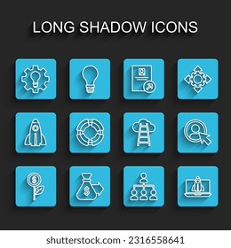 Set line Dollar plant, Money bag, Light bulb and gear, Hierarchy organogram chart, Startup project concept, Business lifebuoy, Create account screen and Stair with finish flag icon. Vector