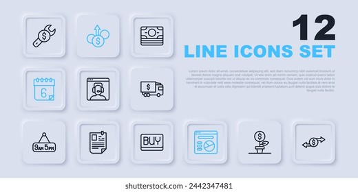 Set line Dollar plant, Money exchange, Telephone 24 hours support, Pie chart infographic, Calendar, Resume, Financial growth dollar and Buy button icon. Vector
