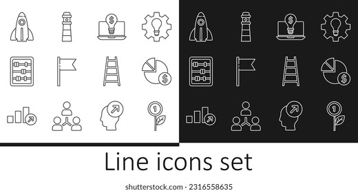 Set line Dollar plant, Pie chart and dollar, Light bulb with on laptop, Location marker, Abacus, Startup project concept, Stair finish flag and Lighthouse icon. Vector