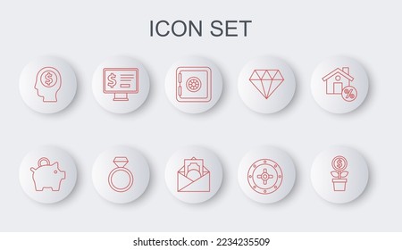 Set line Dollar plant, Piggy bank, Safe, Business man planning mind, Monitor with dollar, Diamond engagement ring and Envelope symbol icon. Vector