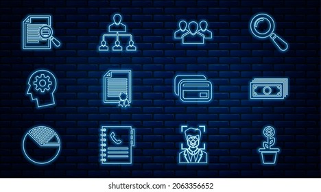 Set line Dollar plant in the pot, Stacks paper money cash, Users group, Certificate template, Human head with gear inside, Document search, Credit card and Referral marketing icon. Vector