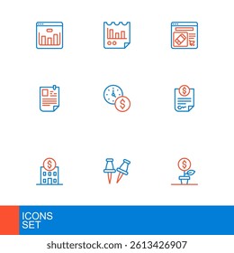 Set line Dollar plant, Push pin, Bank building, Contract money, Resume, Time is, Online shopping screen and Document with graph chart icon. Vector