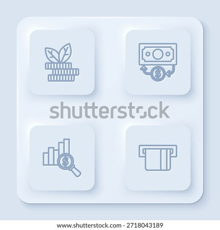 Set line Dollar plant, Stacks paper money cash, Pie chart and dollar and Credit card inserted. White square button. Vector