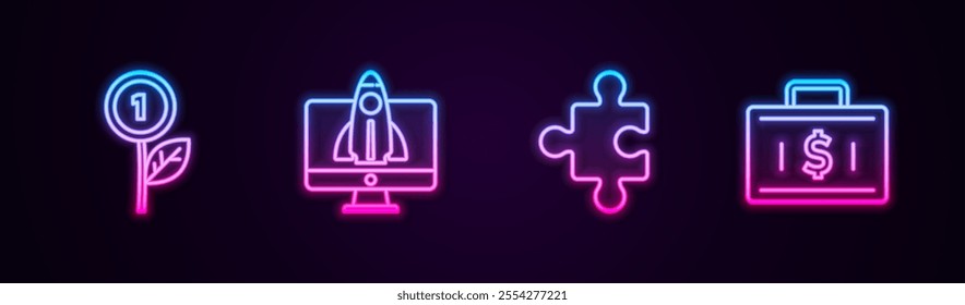 Set line Dollar plant, Startup project concept, Piece of puzzle and Briefcase and money. Glowing neon icon. Vector