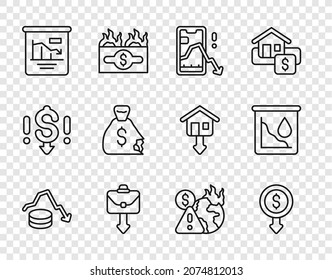 Set line Dollar rate decrease, Mobile stock trading, Briefcase, Pie chart infographic, Money bag, Global economic crisis and Drop crude oil price icon. Vector