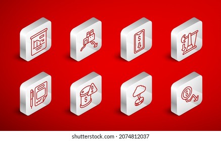 Set line Dollar rate decrease, Shutdown of factory, Mobile stock trading, Drop crude oil price, Storm, Pie chart infographic,  and Contract money and pen icon. Vector