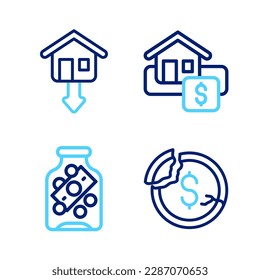 Set line Dollar rate decrease, Glass money jar with coin, Hanging sign Sale and Falling property prices icon. Vector
