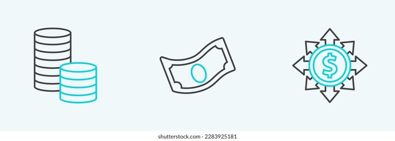 Set line Dollar, share, network, Coin money with dollar and Stacks paper cash icon. Vector