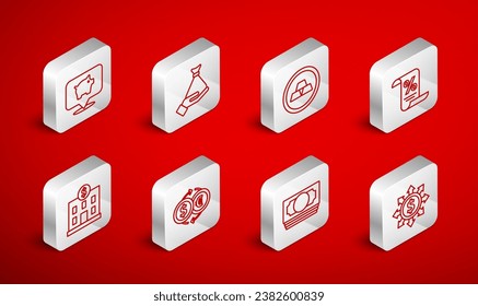 Set line Dollar, share, network, Money in hand, Gold bars, Finance document, Stacks paper money cash, Piggy bank, exchange and Bank building icon. Vector