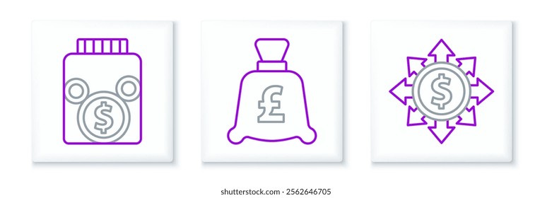 Set line Dollar, share, network, Glass money jar with coin and Coin pound icon. Vector