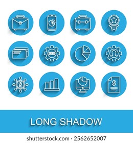 Set line Dollar, share, network, Pie chart infographic, Briefcase, Computer monitor with, Contract money, Seo tag gear wheel, Human inside and  icon. Vector