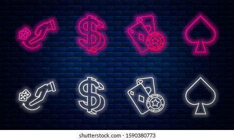 Set line Dollar symbol, Casino chip and playing cards, Human hand throwing game dice and Playing card with spades symbol. Glowing neon icon on brick wall. Vector