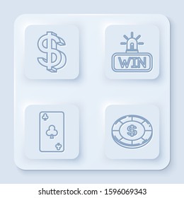 Set line Dollar symbol, Casino win, Playing card with clubs symbol and Casino chip with dollar symbol. White square button. Vector