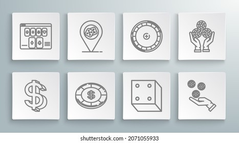 Set Line Dollar Symbol, Casino Location, Chip With Dollar, Game Dice, Hand Holding Casino Chips, Roulette Wheel,  And Online Poker Table Game Icon. Vector