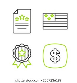 Set line Dollar symbol, Medal with star, American flag and Declaration of independence icon. Vector