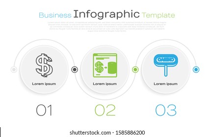 Set line Dollar symbol, Online casino chips exchange on stacks of dollars and Casino signboard. Business infographic template. Vector