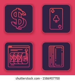 Set line Dollar symbol, Online slot machine with lucky sevens jackpot, Playing card with clubs symbol and Deck of playing cards. Blue square button. Vector