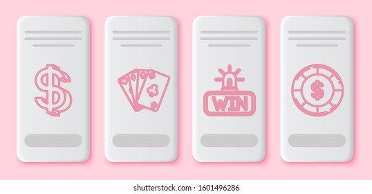 Set line Dollar symbol, Playing cards, Casino win and Casino chip with dollar symbol. White rectangle button. Vector
