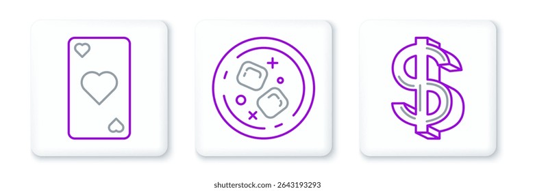 Set line Dollar symbol, Playing card with heart and Glass of whiskey and ice cubes icon. Vector