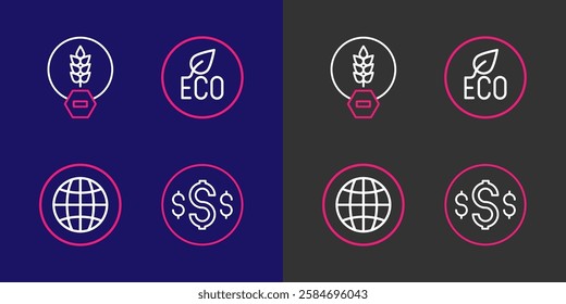 Set line Dollar symbol, Social network, Leaf Eco and Gluten free grain icon. Vector