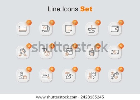 Set line Dollar symbol, Tax cardboard box, Auction hammer, Buy button, Buyer, Stacks paper money cash, POS terminal and Carton icon. Vector