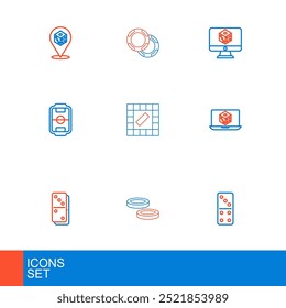 Set line Domino, Checker game chips, Game dice, Table football, Board,  and Casino icon. Vector