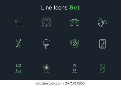 Set line Domino, Chess, Game dice, Air hockey table, Racket and Crossed billiard cues icon. Vector