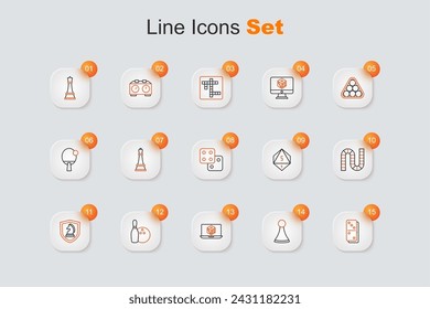 Set line Domino, Chip for board game, Game dice, Bowling pin and ball, Chess, Board,  and  icon. Vector