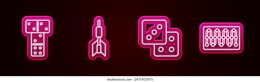 Set line Domino, Dart arrow, Game dice and Board game. Glowing neon icon. Vector