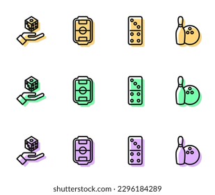 Set line Domino, Game dice, Table football and Bowling pin and icon. Vector