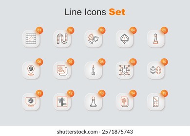 Set line Domino, Mahjong pieces, Chess pawn, Crossword, Game dice, Puzzle toy, Board game and Dart arrow icon. Vector