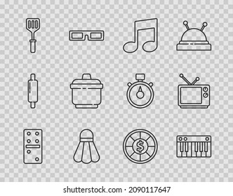 Set line Domino, Music synthesizer, note, tone, Badminton shuttlecock, Spatula, Cooking pot, Casino chips and Retro tv icon. Vector