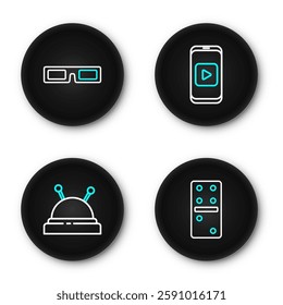 Set line Domino, Needle bed and needles, Online play video and Cinema glasses icon. Vector